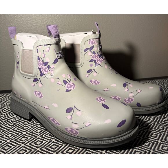 JBU Shoes - Gray Rubber & Purple JBU by JAMBU Chelsea Floral Pull On Ankle Rain Boots 8.5 M